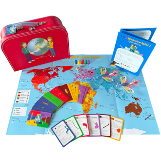 Roter Reisekoffer mit Weltreise-Spiel