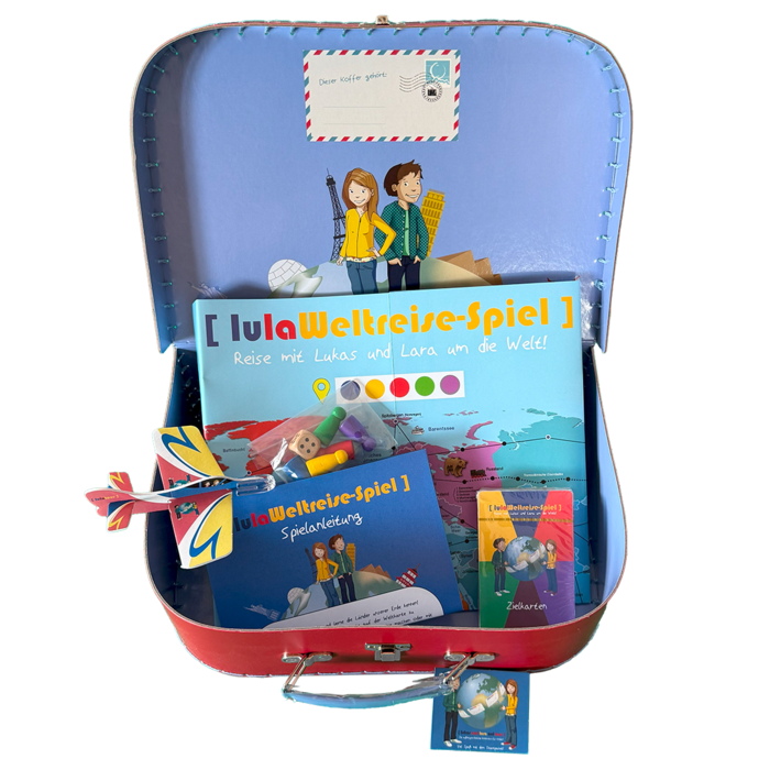Koffer mit Weltreise-Spiel - alles im Koffer