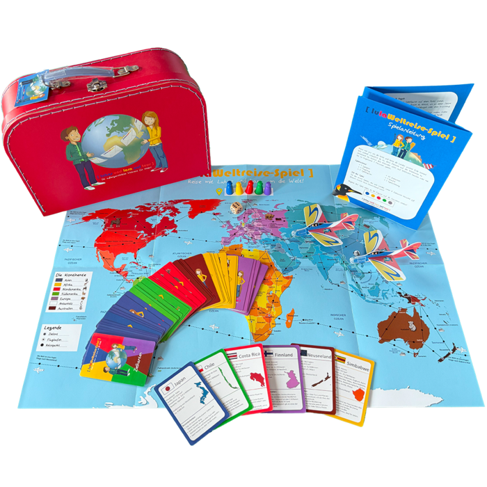 Koffer mit Weltreise-Spiel ausgepackt