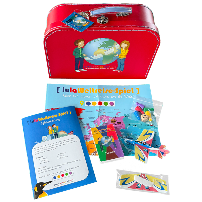 Koffer-Weltreise-Spiel - Materialien vor Koffer
