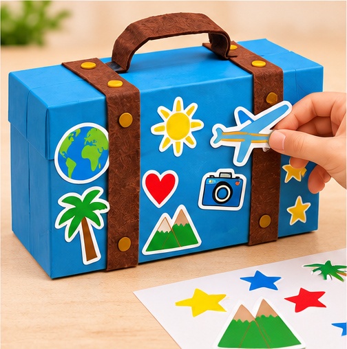 Kinderhand klebt Reisesticker auf den gebastelten Koffer