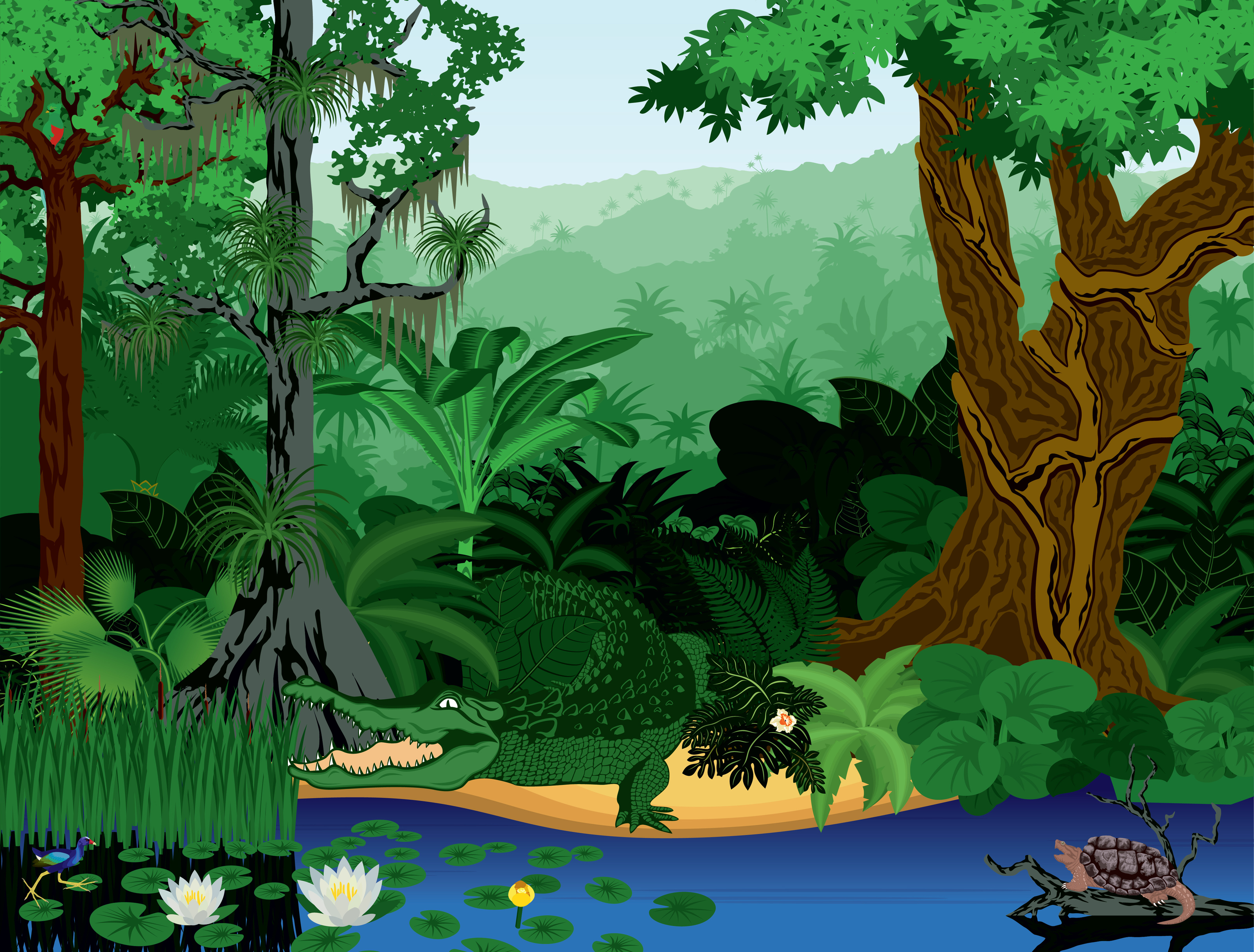 Vector Illustration Tropical jungle lake with crocodile
